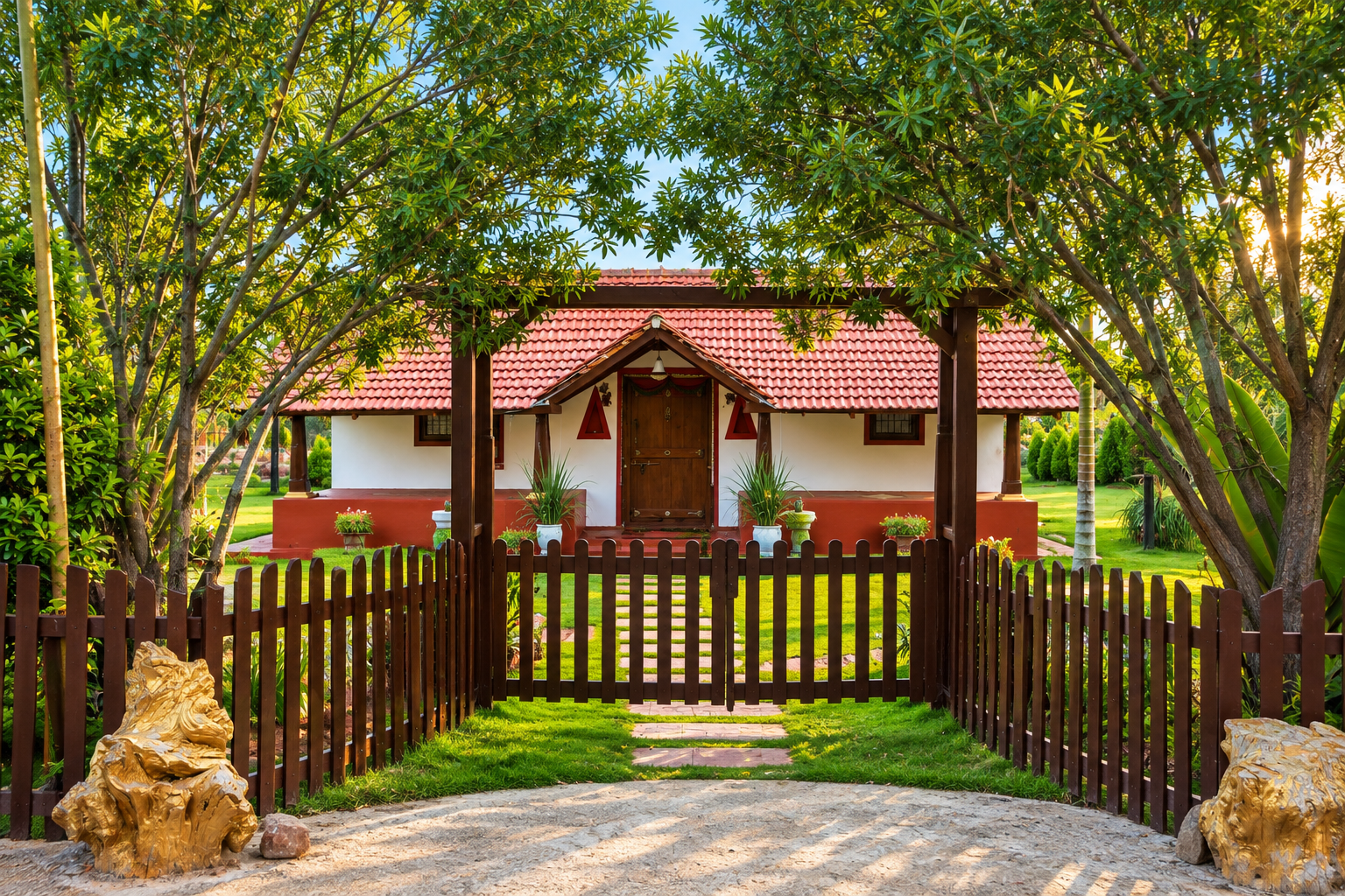A red-tiled cottage behind a wooden picket gate