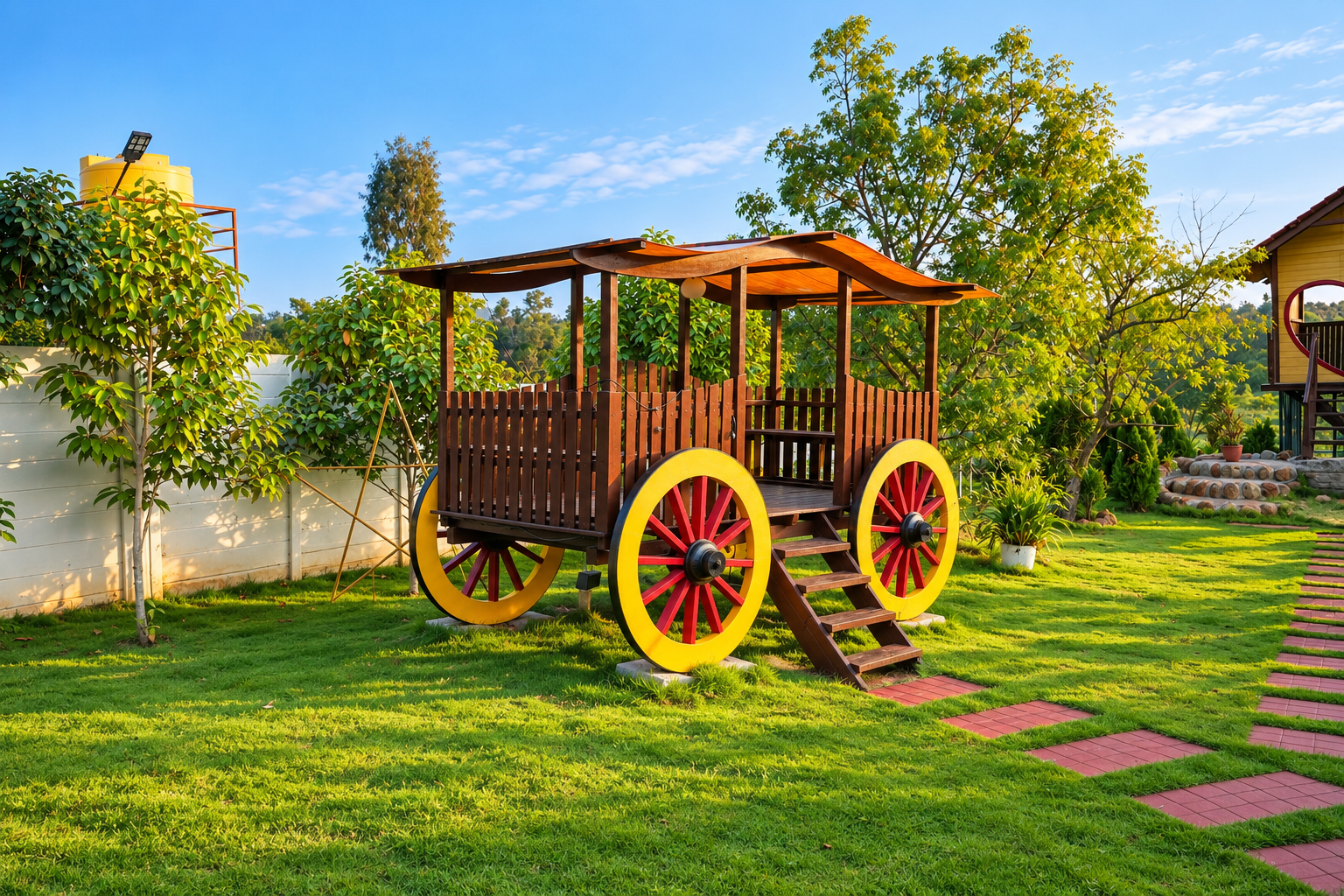 A covered wooden wagon with red-and-yellow wheels on the lawn