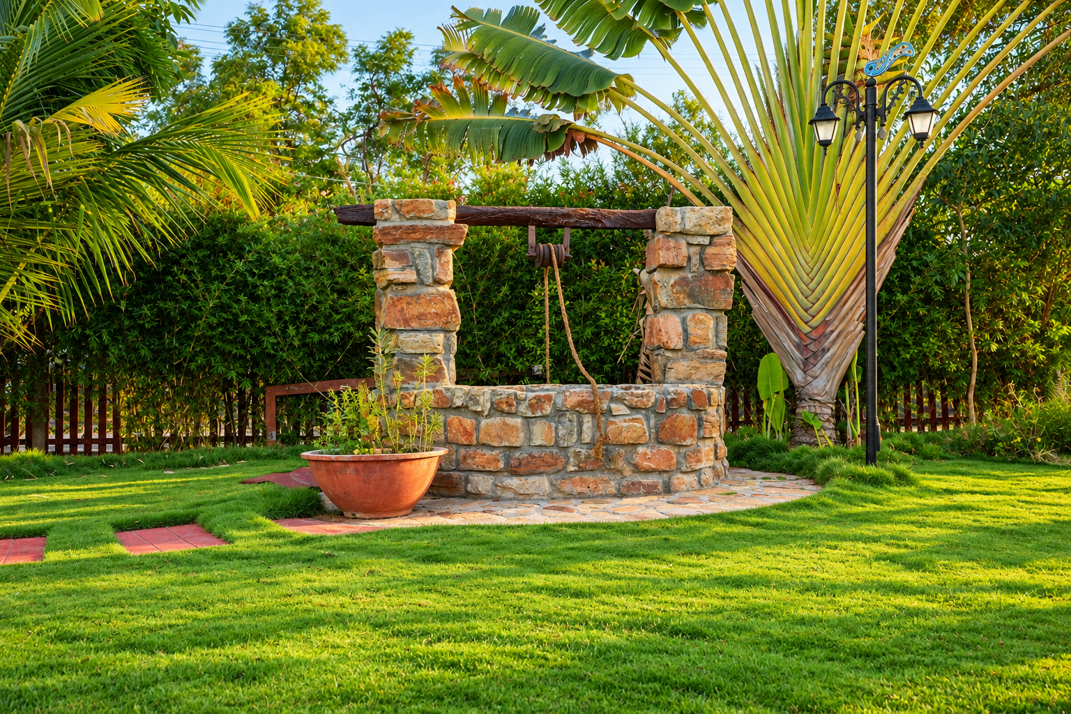 The old stone well beside a traveller's palm