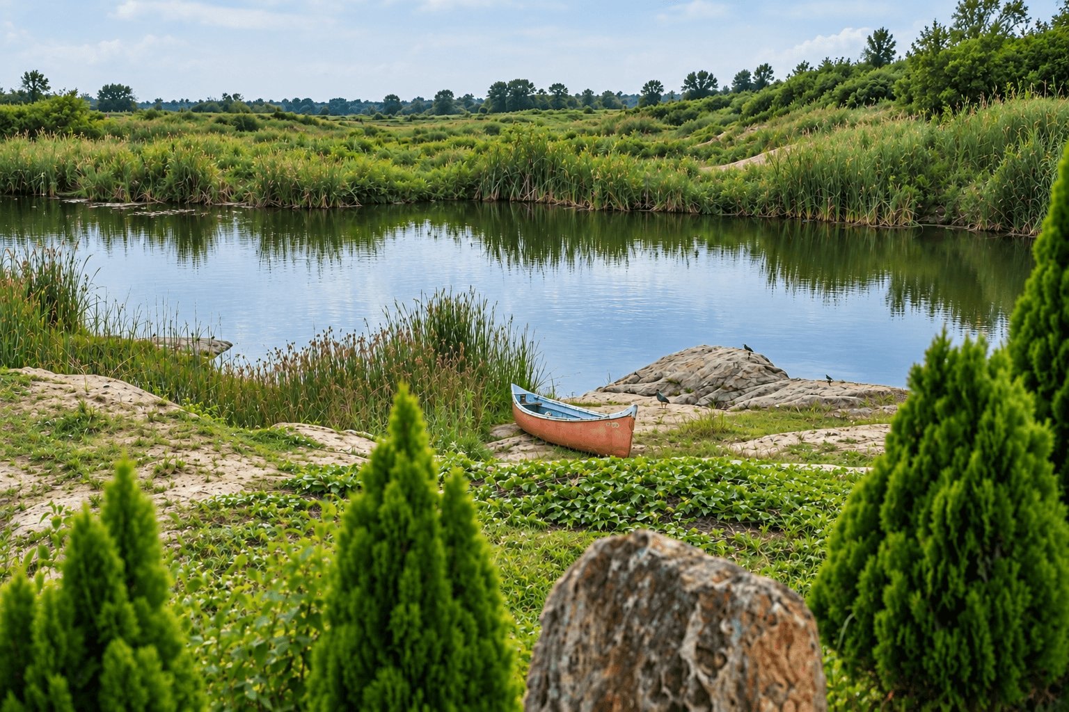 A rowing boat at the edge of the lake