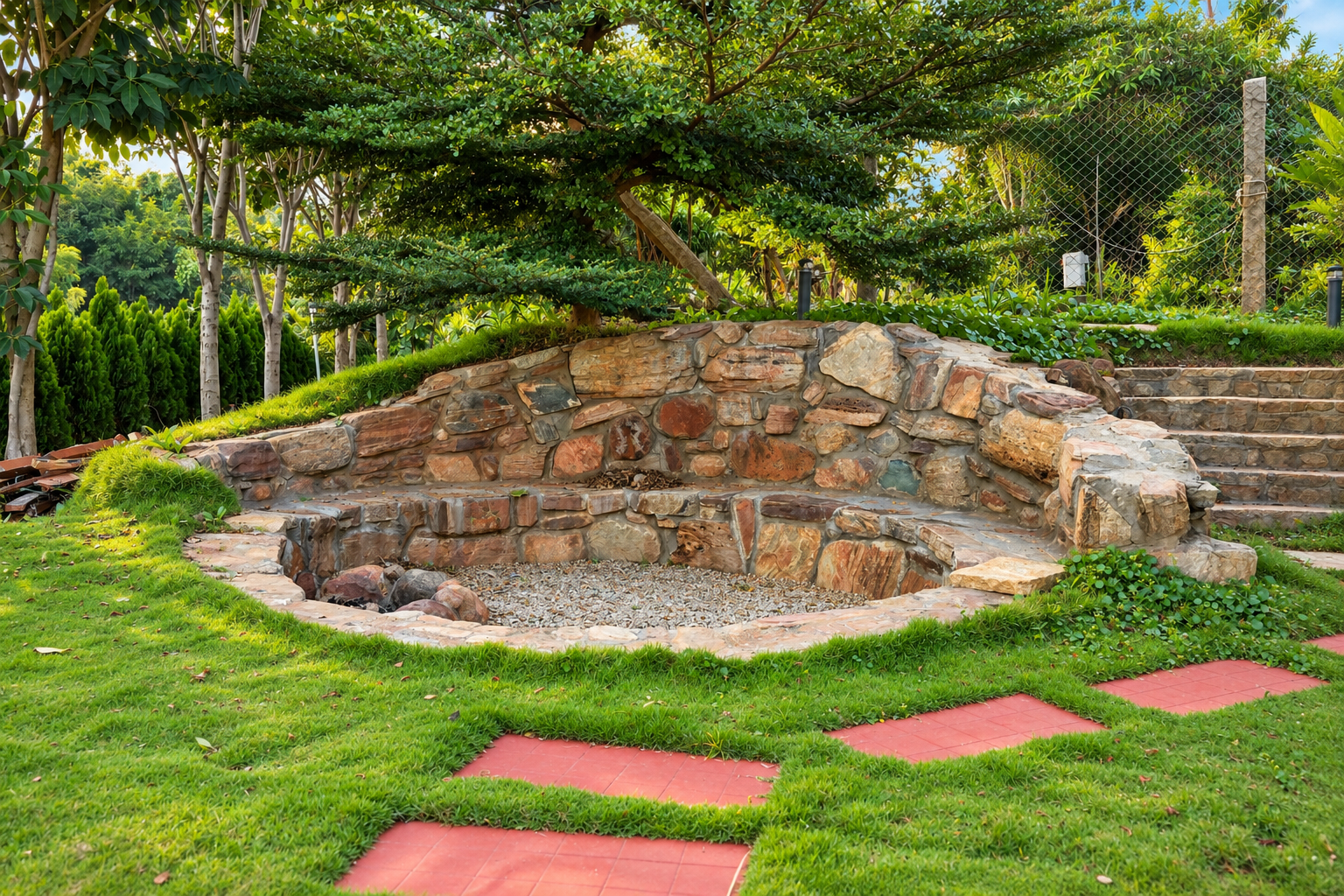 A sunken stone seating circle on the lawn