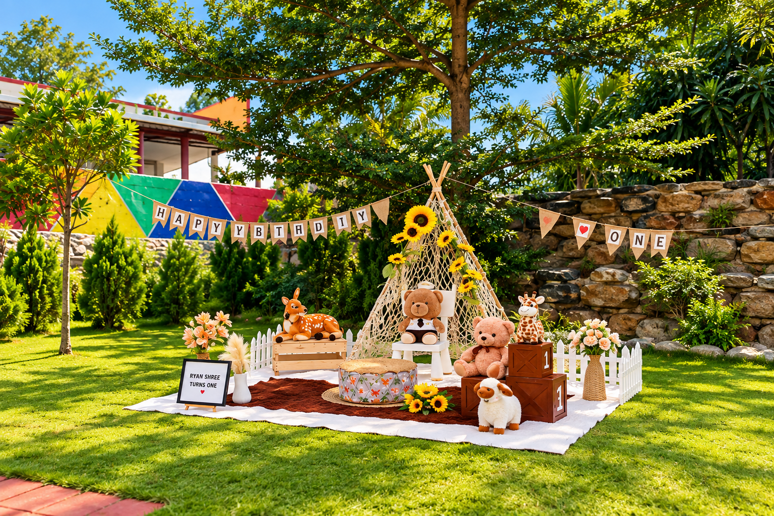 A first-birthday teepee setup with sunflowers beside the stone wall