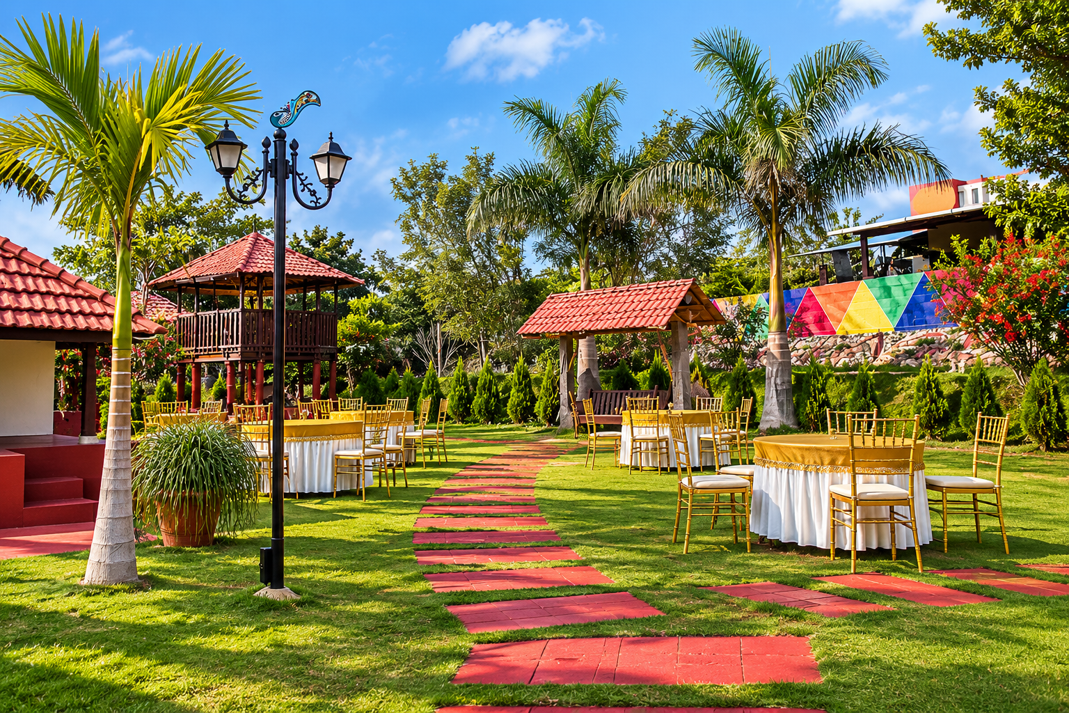 Round tables and gold chairs set on the lawn beside the red stone path